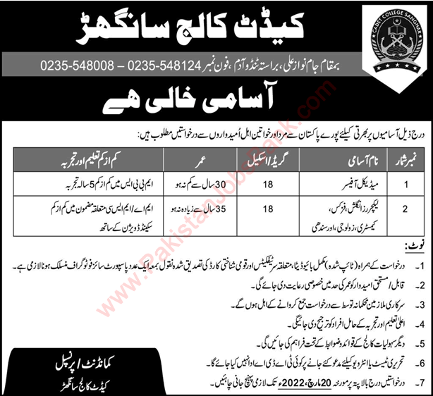 Cadet College Sanghar Jobs 2022 March Medical Officers & Lecturers Latest