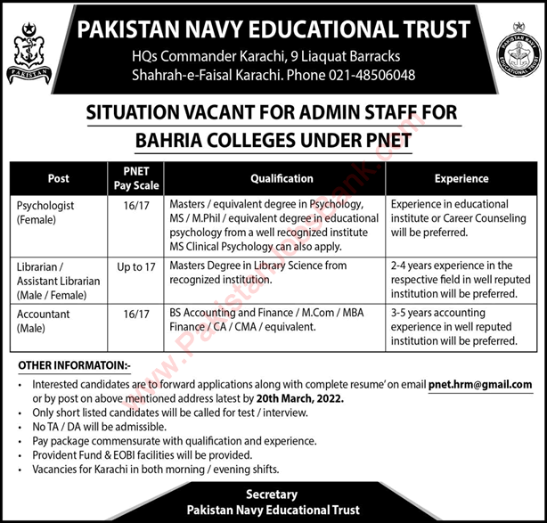 Pakistan Navy Educational Trust Karachi Jobs 2022 March Psychologist, Librarian & Accountant Bahria Colleges Latest