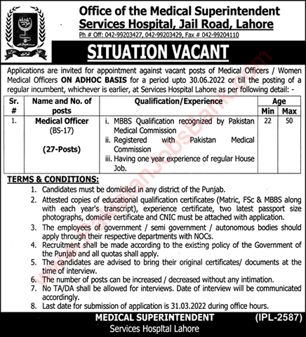 Medical Officer Jobs in Services Hospital Lahore March 2022 Services Institute of Medical Sciences Latest