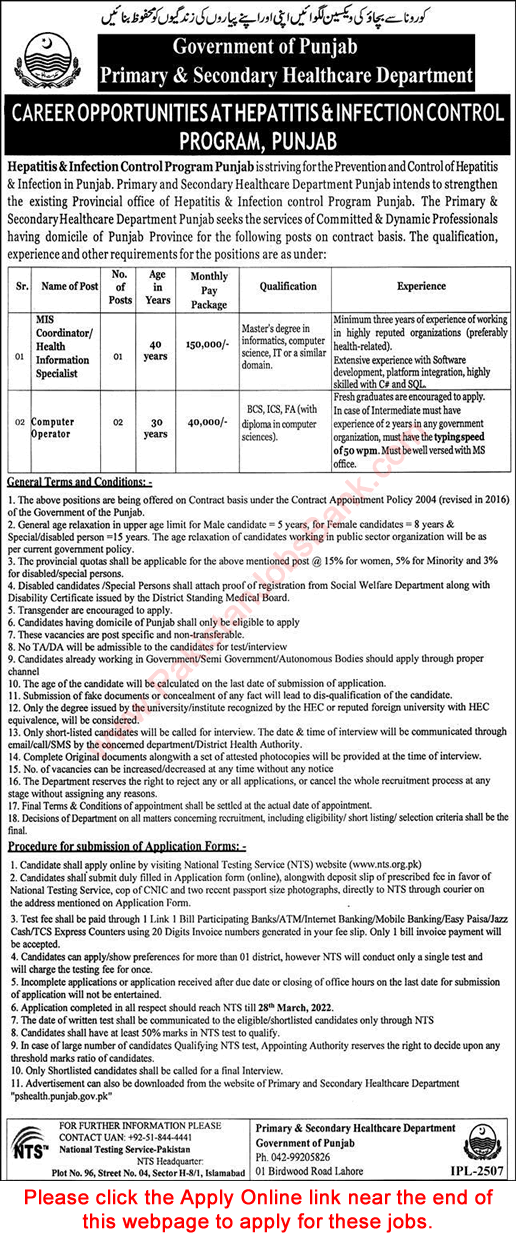 Primary and Secondary Healthcare Department Punjab Jobs 2022 March NTS Apply Online Hepatitis & Infection Control Program Latest