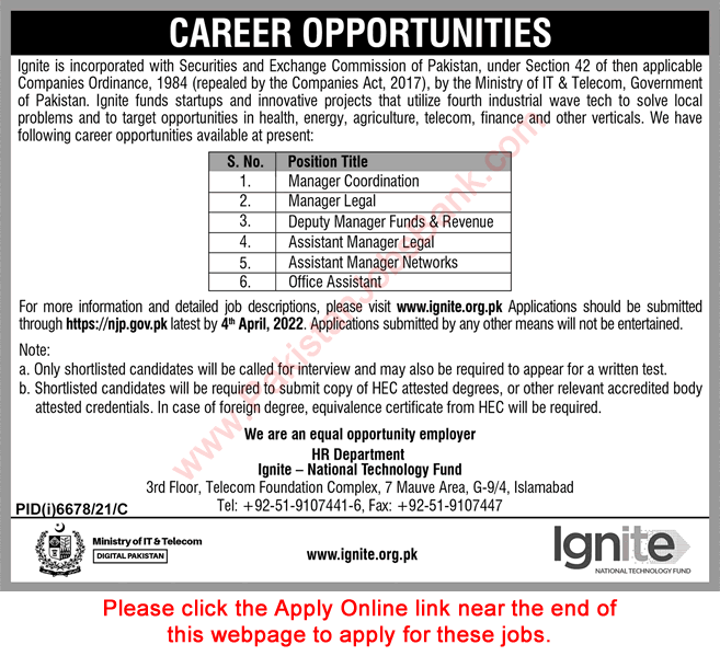 Ministry of IT & Telecom Jobs 2022 March Apply Online Assistant / Managers & Others Ignite Latest