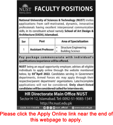 Assistant Professor Jobs in NUST University Islamabad 2022 March Apply Online Latest