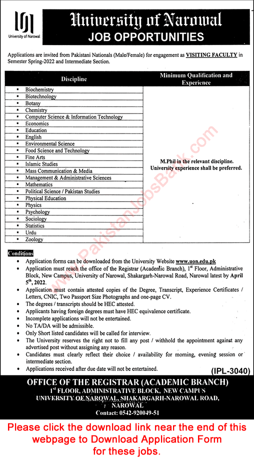 University of Narowal Jobs 2022 March Application Form Teaching Faculty Latest