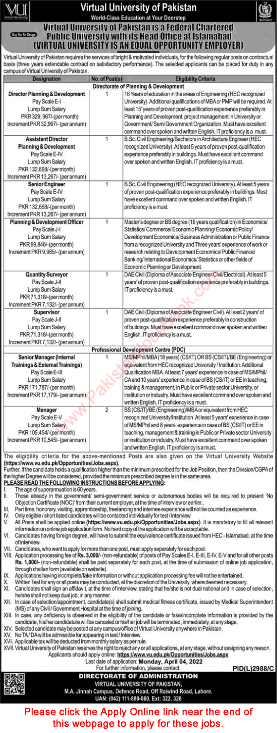 Virtual University of Pakistan Jobs 2022 March Apply Online Managers & Others Latest