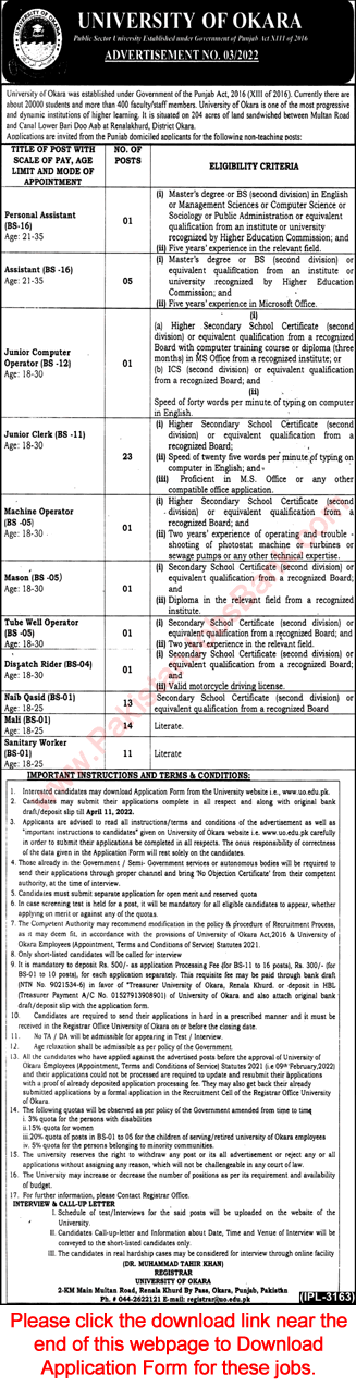 University of Okara Jobs 2022 March Application Form Clerks, Mali, Sanitary Workers & Others Latest