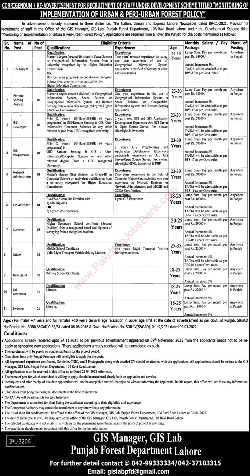 Forest Department Punjab Jobs 2022 March GIS Assistants, Surveyors & Others Latest