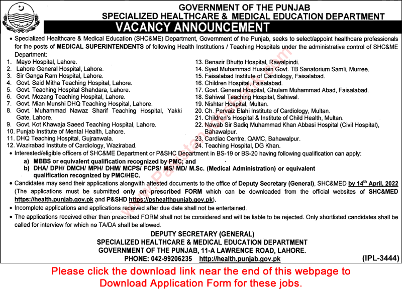 Medical Superintendent Jobs in Specialized Healthcare and Medical Education Department Punjab March 2022 Application Form Latest