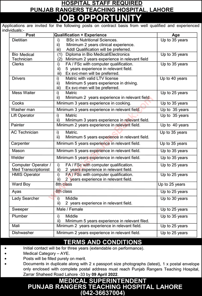 Punjab Rangers Teaching Hospital Lahore Jobs April 2022 Clerks, Drivers & Others Latest