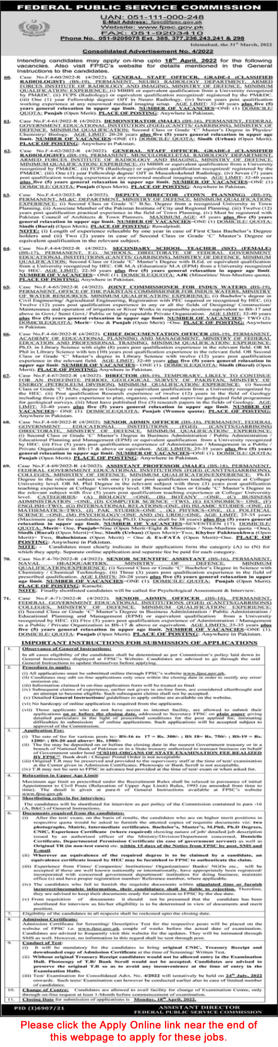 FPSC Jobs April 2022 Apply Online Consolidated Advertisement No 4/2022 04/2022 Latest