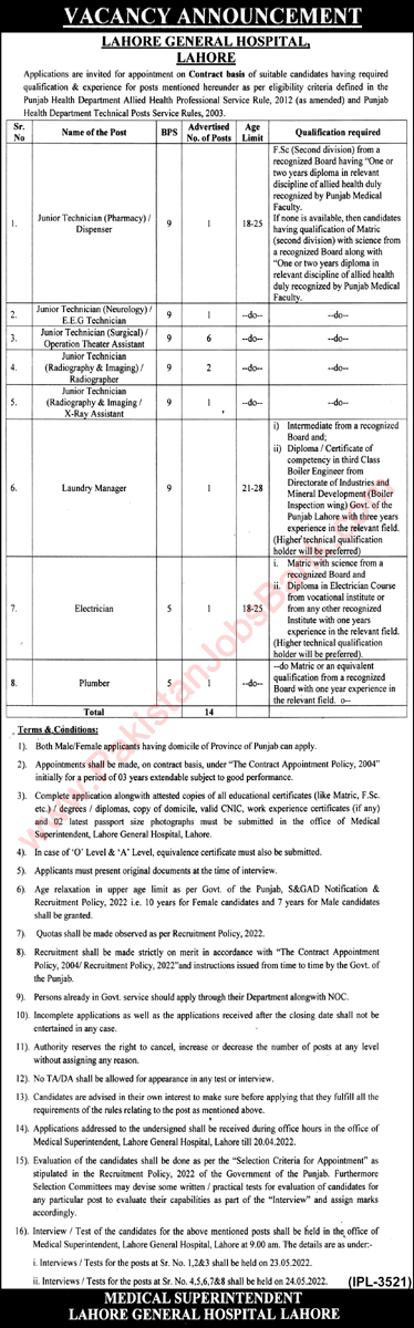 Lahore General Hospital Jobs 2022 April Medical Technicians & Others Latest