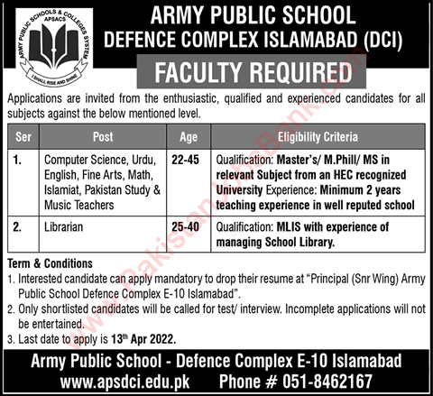 Army Public School Defence Complex Islamabad Jobs 2022 April Teaching Faculty & Librarian Latest