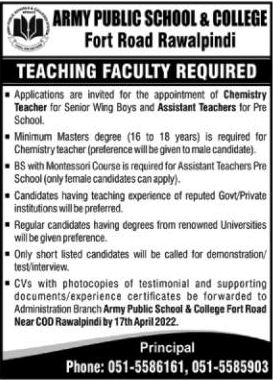 Teaching Faculty Jobs in Army Public School and College Rawalpindi April 2022 APS&C Latest