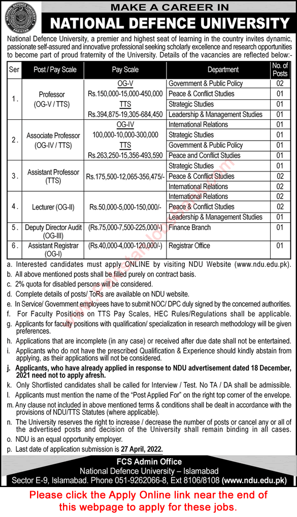 National Defence University Islamabad Jobs April 2022 NDU Apply Online Teaching Faculty & Others Latest