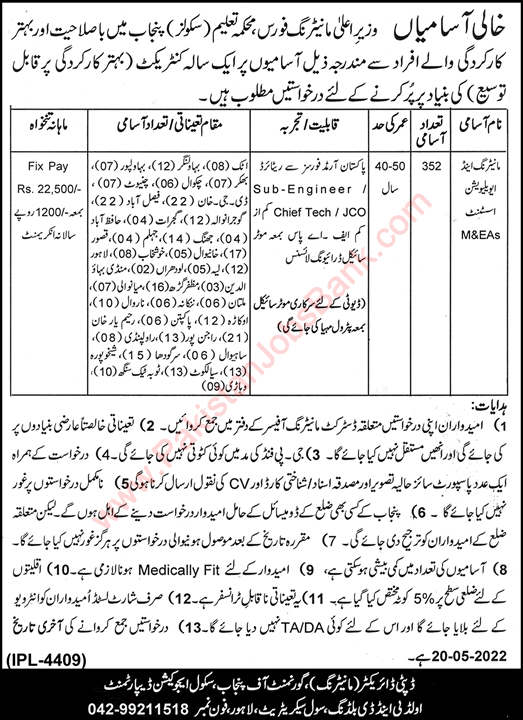 Monitoring and Evaluation Assistant Jobs in School Education Department Punjab April 2022 Latest