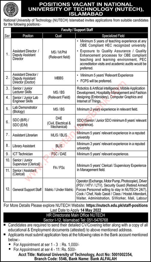 National University of Technology Islamabad Jobs May 2022 Library Assistant, SDO & Others Latest