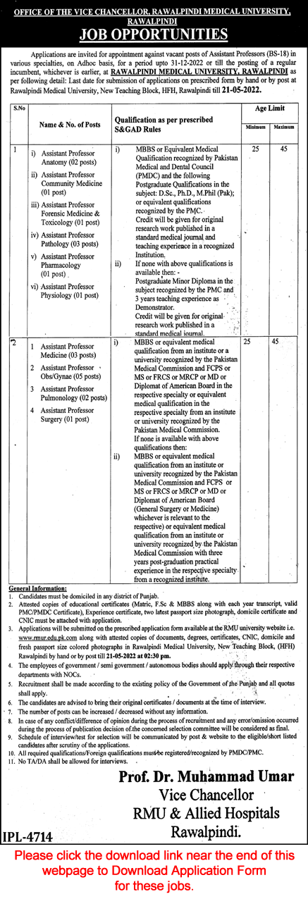 Assistant Professor Jobs in Rawalpindi Medical University May 2022 Application Form Latest