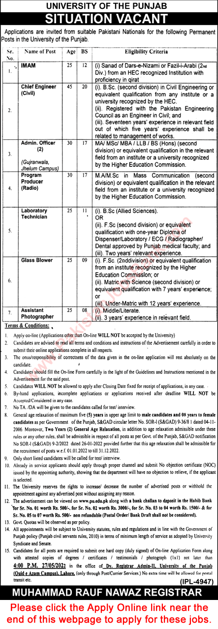 Punjab University Jobs May 2022 Apply Online Admin Officers & Others Latest
