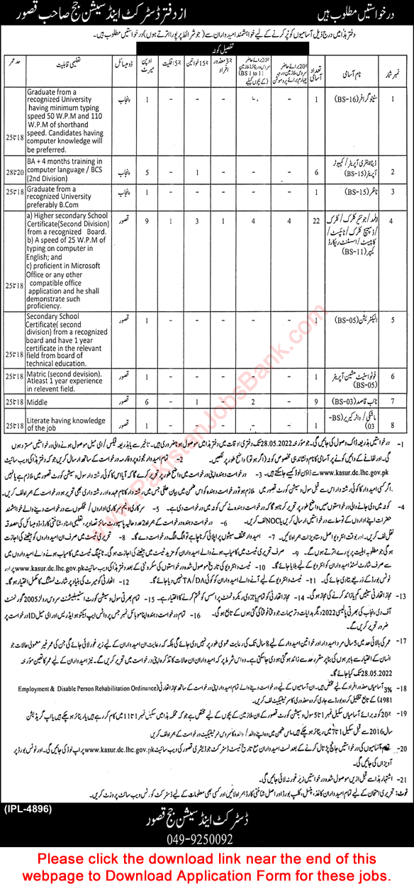 District and Session Court Kasur Jobs 2022 May Application Form Clerks, Naib Qasid & Others Latest