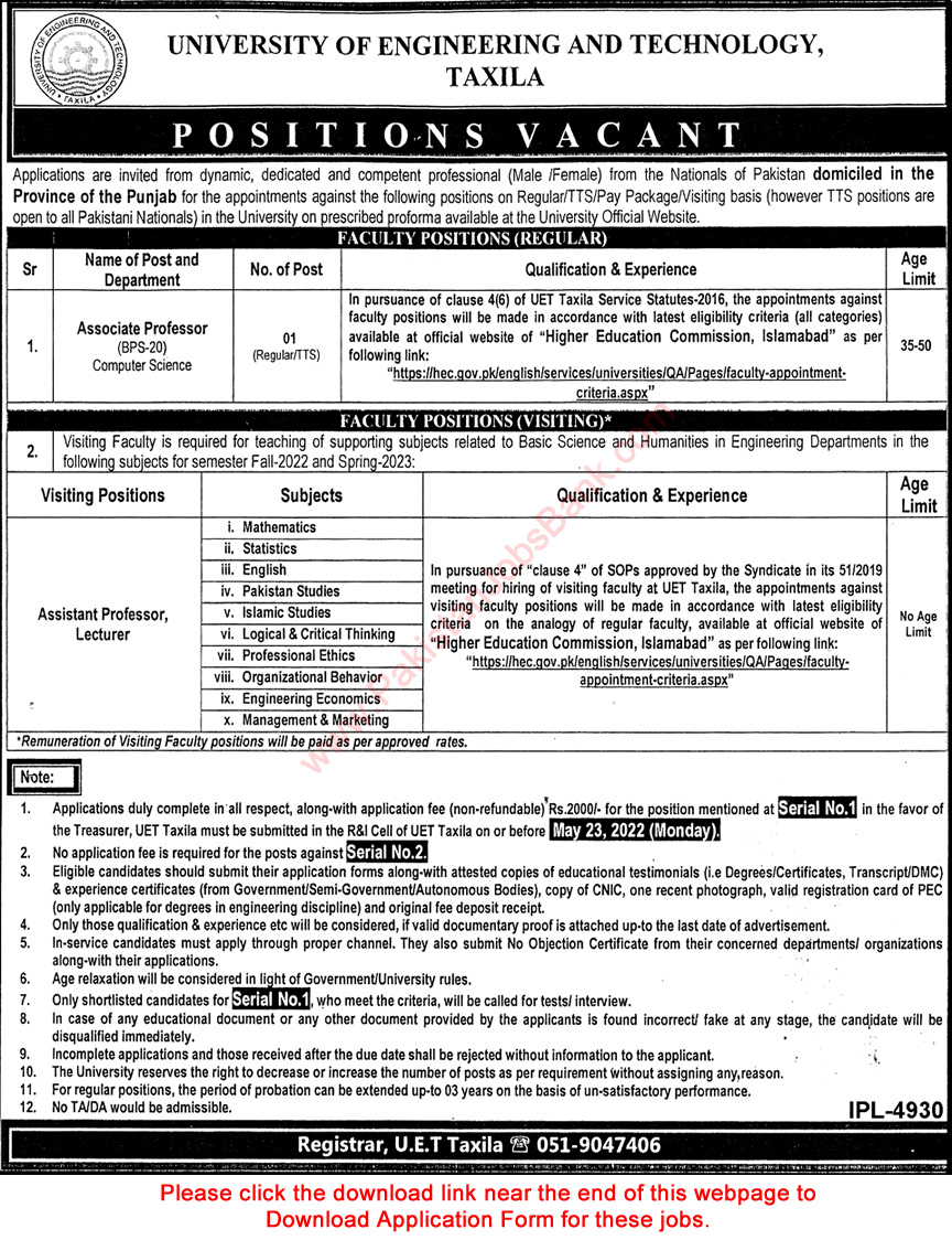 Teaching Faculty Jobs in UET Taxila May 2022 Application Form Latest