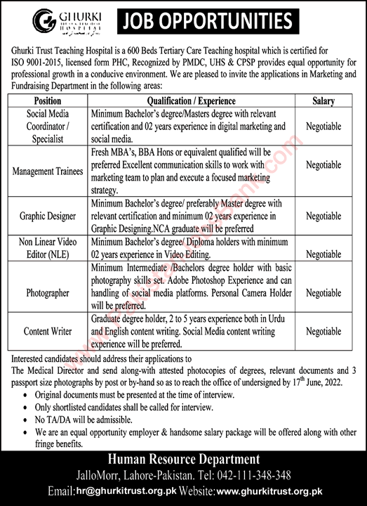 Ghurki Trust Teaching Hospital Lahore Jobs May 2022 June Management Trainees & Others Latest