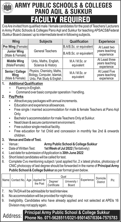 Army Public School and College Pano Aqil / Sukkur Jobs June 2022 Teaching Faculty Latest