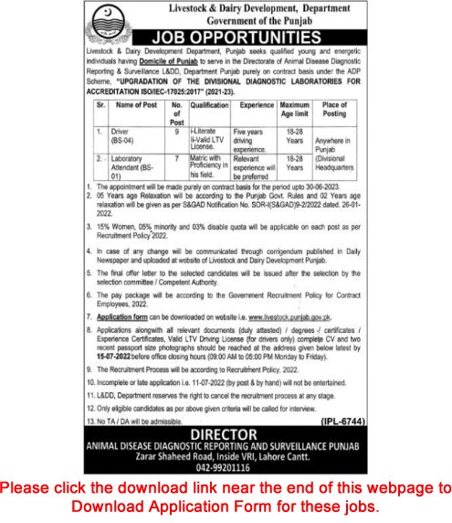 Livestock and Dairy Development Department Punjab Jobs June 2022 Application Form Lab Attendants & Drivers Latest