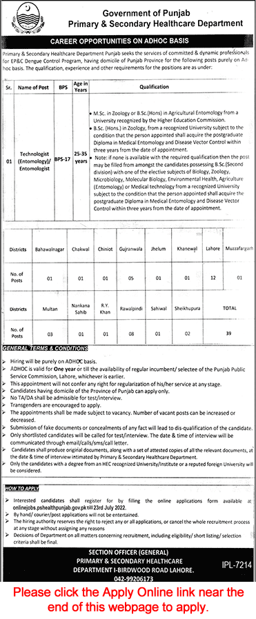 Entomology Technologist Jobs in Health Department Punjab 2022 July Apply Online Latest