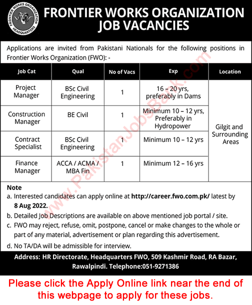 FWO Jobs July 2022 Apply Online Construction Manager & Others Latest