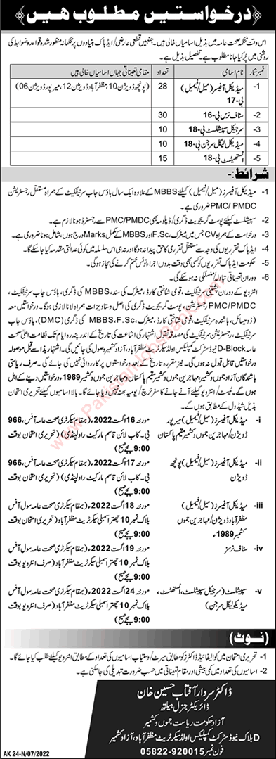Health Department AJK Jobs 2022 July Staff Nurses, Medical Officers & Others Latest