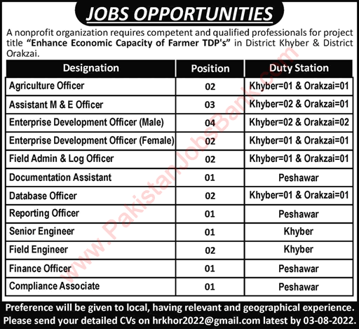NGO Jobs in KPK July 2022 August Orakzai / Khyber M&E Officers, Agriculture Officer & Others Latest