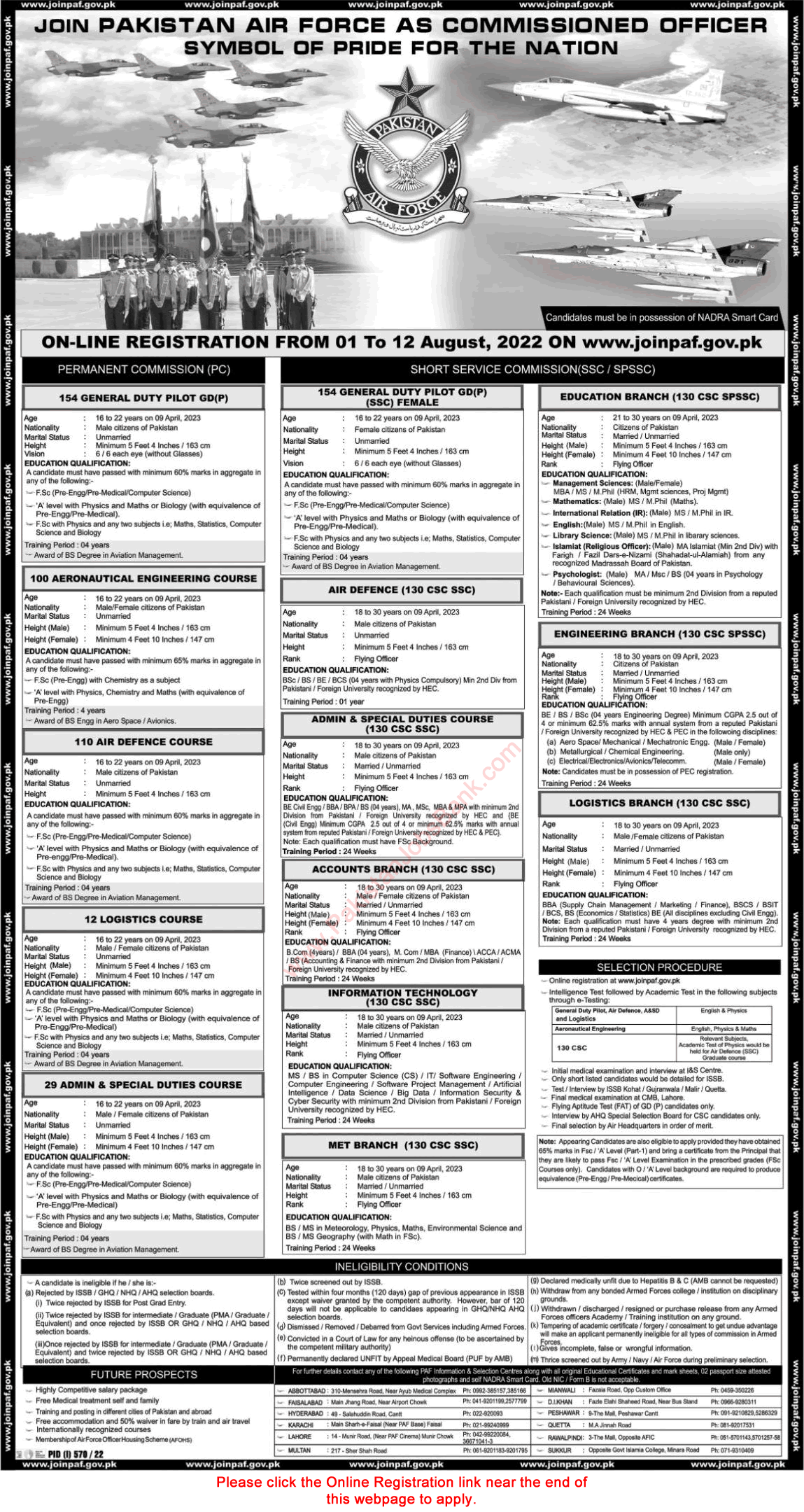 Join Pakistan Air Force as Commissioned Officer July 2022 August Online Registration in SPSSC & Permanent Commission Latest