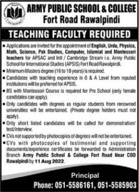 Army Public School and College Rawalpindi Jobs August 2022 Teaching Faculty Latest