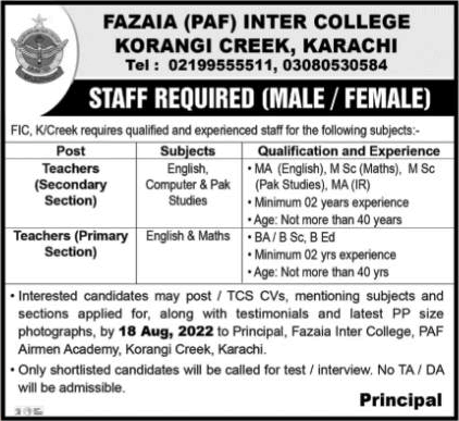 Teaching Jobs in Fazaia Inter College Karachi August 2022 FIC Latest