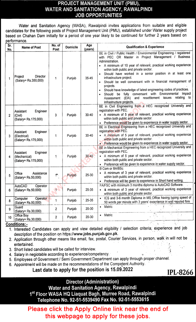 WASA Rawalpindi Jobs 2022 August Apply Online Assistant Engineers & Others Water and Sanitation Agency Latest