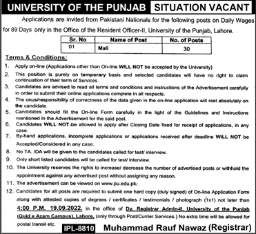 Mali Jobs in University of the Punjab Lahore September 2022 UOP Latest