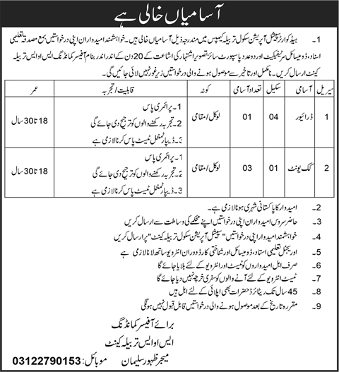 Headquarter Special Operation School Tarbela Jobs 2022 September Cooks & Driver Latest