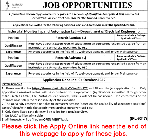Research Associate / Assistant Jobs in Information Technology University Lahore September 2022 Apply Online Latest