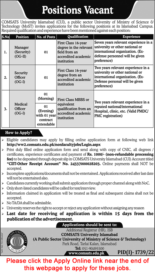 COMSATS University Islamabad Jobs September 2022 Apply Online Medical Officers & Others Latest