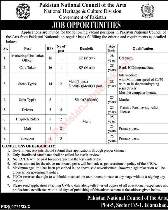 Pakistan National Council of Arts Jobs 2022 September PNCA National Heritage and Culture Division Latest