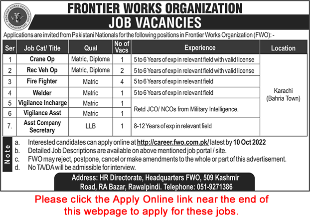 FWO Jobs September 2022 Apply Online Fire Fighters & Others Frontier Works Organization Latest