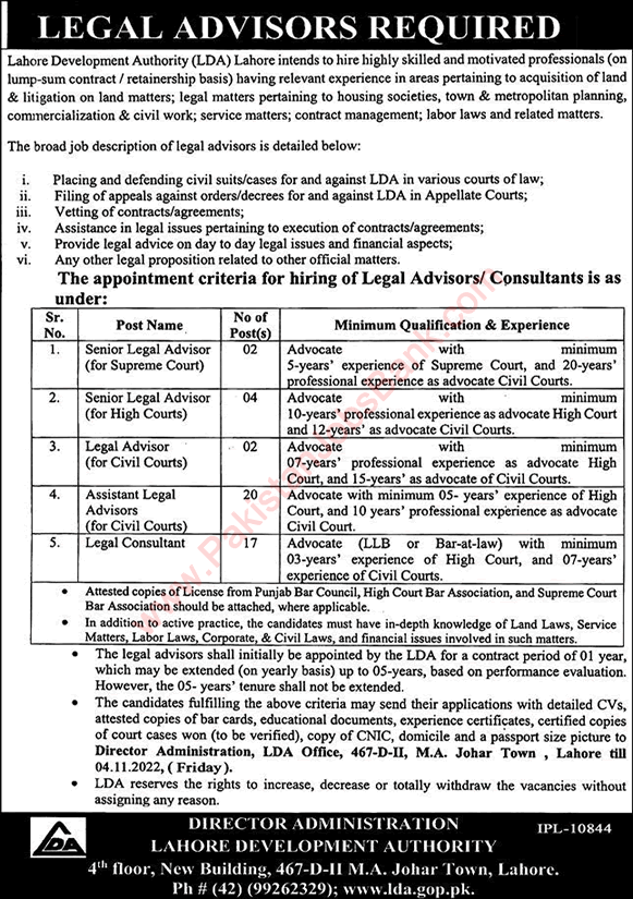 Lahore Development Authority Jobs October 2022 November Legal Advisors & Consultants Latest