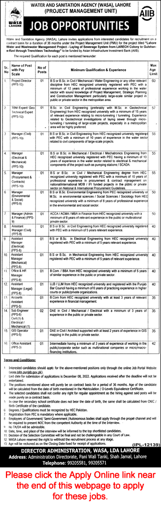 WASA Lahore Jobs November 2022 Online Apply Water and Sanitation Agency Assistant Managers & Others Latest