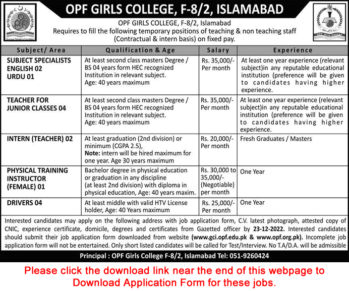 OPF Girls College Islamabad Jobs December 2022 Application Form Teachers & Others Latest