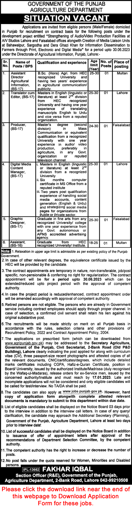 Agriculture Department Punjab Jobs December 2022 / 2023 Application Form Graphic Designer, Assistant & Others Latest