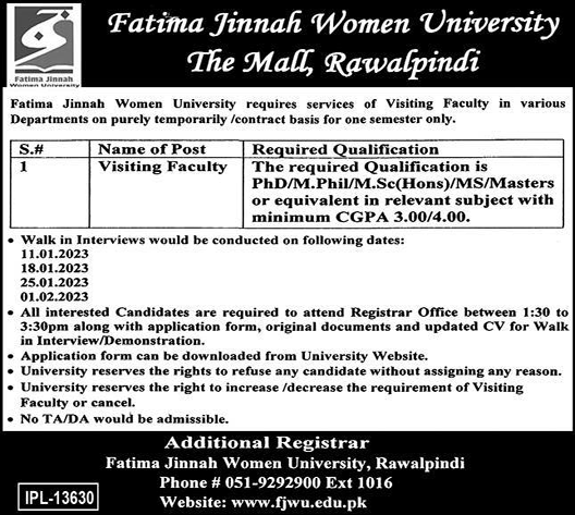 Visiting Faculty Jobs in Fatima Jinnah Women University Rawalpindi Jobs December 2022 / 2023 Walk in Interview Latest