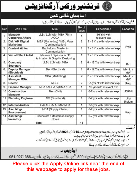 FWO Jobs 2023 Apply Online Assistant / Deputy Managers Frontier Works Organization Latest