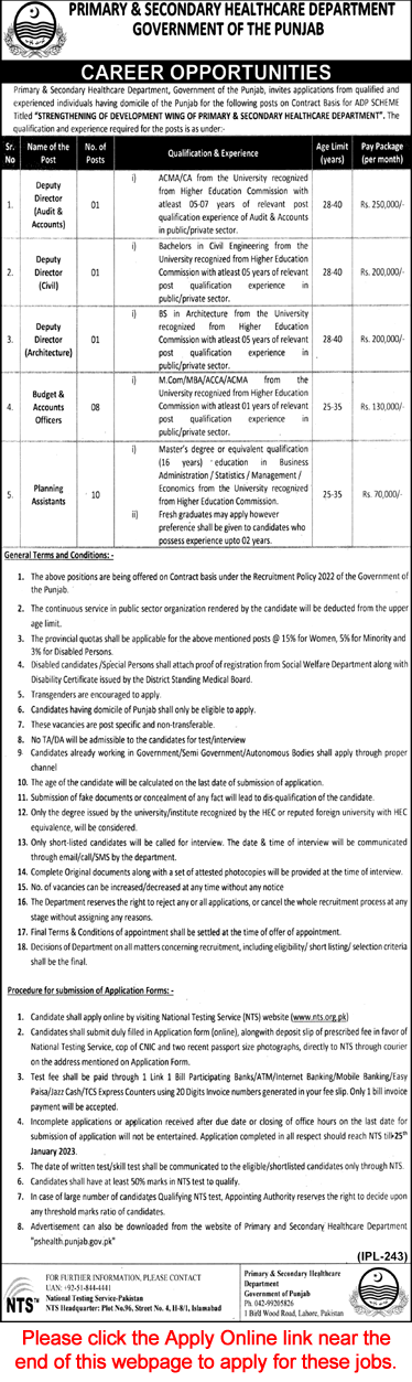 Primary and Secondary Healthcare Department Punjab Jobs 2023 NTS Online Apply Planning Assistants & Others Latest