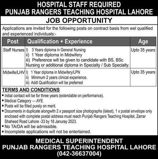 Punjab Rangers Teaching Hospital Lahore Jobs 2023 Staff Nurses & Midwife / LHV Latest
