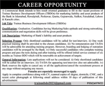 Trainee Business Development Officer Jobs in Commercial Bank 2023 TBDO Latest