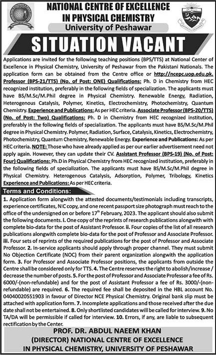 National Centre of Excellence in Physical Chemistry Peshawar Jobs 2023 Application Form Teaching Faculty Latest